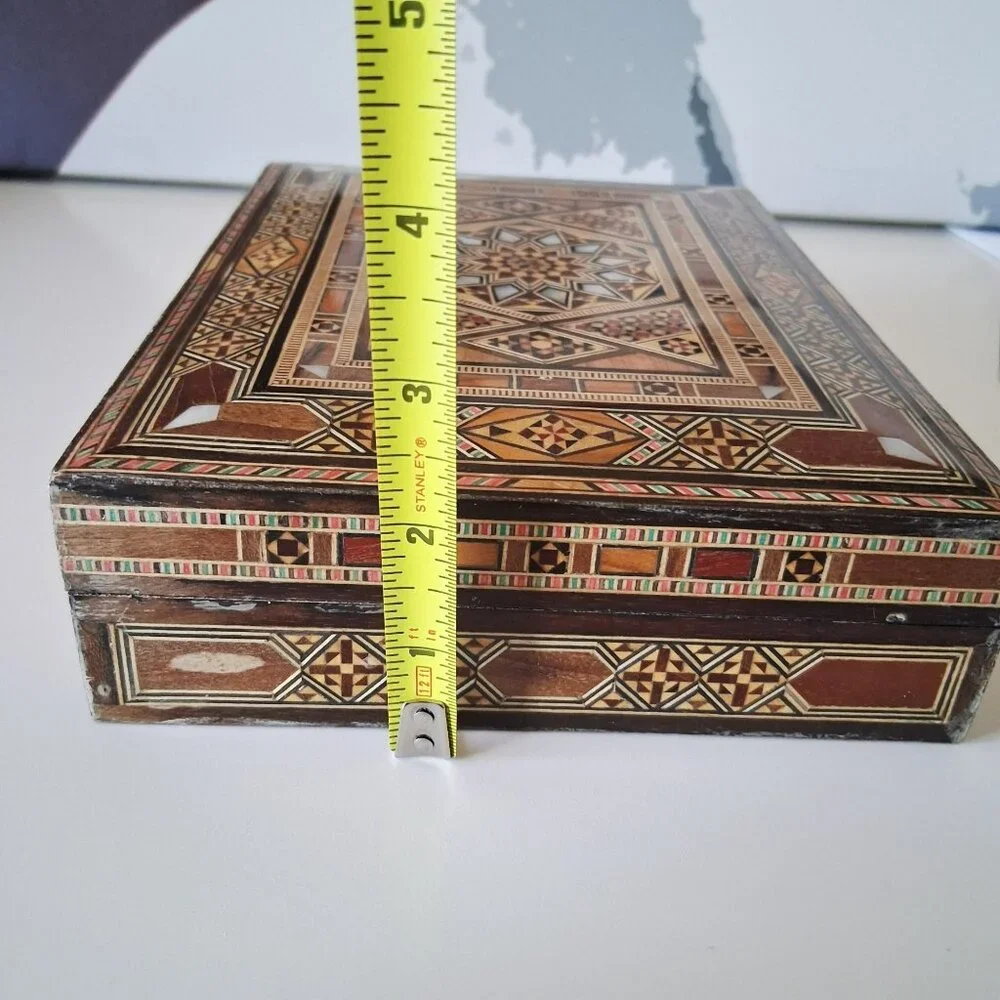 Vintage Handcrafted Wooden Inlaid Jewelry Box Mosaic Design Red Velvet Interior